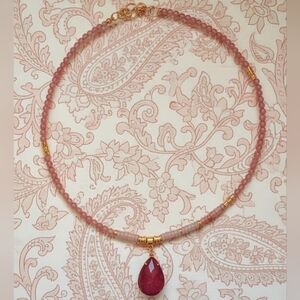 Pink Opal & Thulite Rosaline W/ Natural Opaque Ruby Pendant In Dainty Necklace
